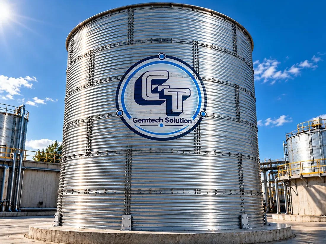 Large galvanised steel water tank at an industrial site