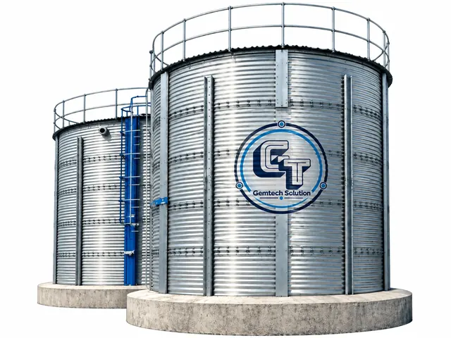 Zinc aluminium tank with ladder and railing on a concrete base
